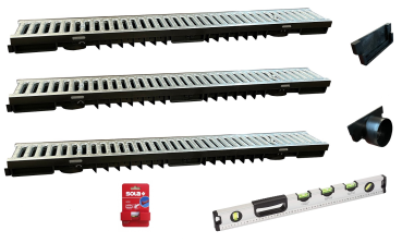 Set 3 Entwässerungsrinne 1 Meter, Bauhöhe 55 mm mit 1 Stirnwand, 1 Stirnwand mit Stutzen, 1 Wasserwaage, 1 Schnurwasserwaage